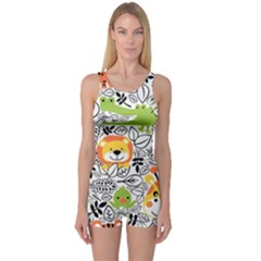 Seamless Pattern With Wildlife Cartoon One Piece Boyleg Swimsuit by Simbadda