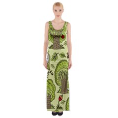 Seamless Pattern With Trees Owls Thigh Split Maxi Dress by Simbadda