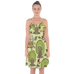 Seamless Pattern With Trees Owls Ruffle Detail Chiffon Dress by Simbadda