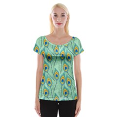 Lovely Peacock Feather Pattern With Flat Design Cap Sleeve Top by Simbadda