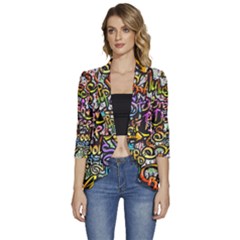 Graffiti Word Seamless Pattern Women s 3/4 Sleeve Ruffle Edge Open Front Jacket by Simbadda