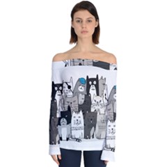 Cute Cat Hand Drawn Cartoon Style Off Shoulder Long Sleeve Top by Simbadda