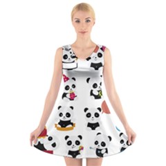 Playing Panda Cartoon V-neck Sleeveless Dress by Simbadda