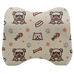 Pug-dog-cat-with-bone-fish-bones-paw-prints-ball-seamless-pattern-vector-background Velour Head Support Cushion by Simbadda