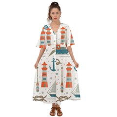 Nautical-elements-pattern-background Kimono Sleeve Boho Dress by Simbadda