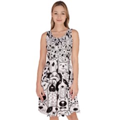 Seamless-pattern-with-black-white-doodle-dogs Knee Length Skater Dress With Pockets by Simbadda