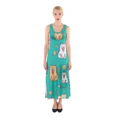 Seamless-pattern-cute-cat-cartoon-with-hand-drawn-style Sleeveless Maxi Dress by Simbadda