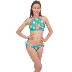 Seamless-pattern-cute-cat-cartoon-with-hand-drawn-style Cross Front Halter Bikini Set by Simbadda