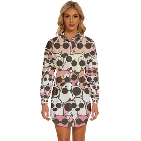 Cute-dog-seamless-pattern-background Womens Long Sleeve Shirt Dress by Simbadda