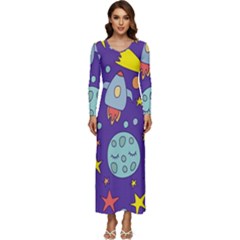 Card-with-lovely-planets Long Sleeve Longline Maxi Dress by Simbadda