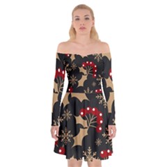 Christmas-pattern-with-snowflakes-berries Off Shoulder Skater Dress by Simbadda