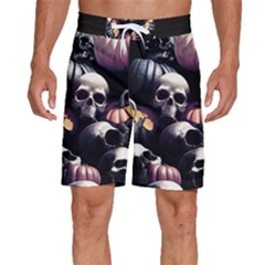 Halloween Party Skulls, Demonic Pumpkins Pattern Men s Beach Shorts by Casemiro