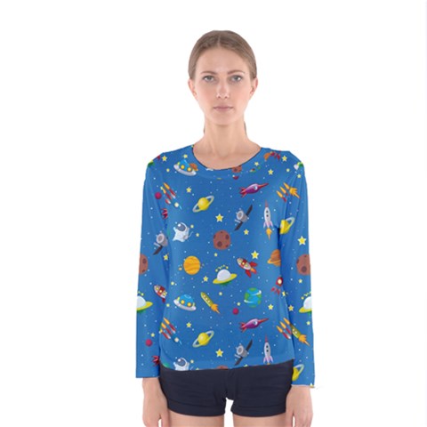 Space Rocket Solar System Pattern Women s Long Sleeve Tee by Bangk1t