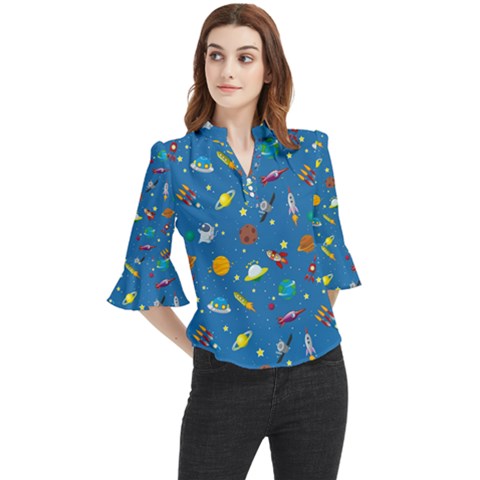 Space Rocket Solar System Pattern Loose Horn Sleeve Chiffon Blouse by Bangk1t