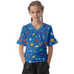 Space Rocket Solar System Pattern Kids  V-neck Horn Sleeve Blouse by Bangk1t