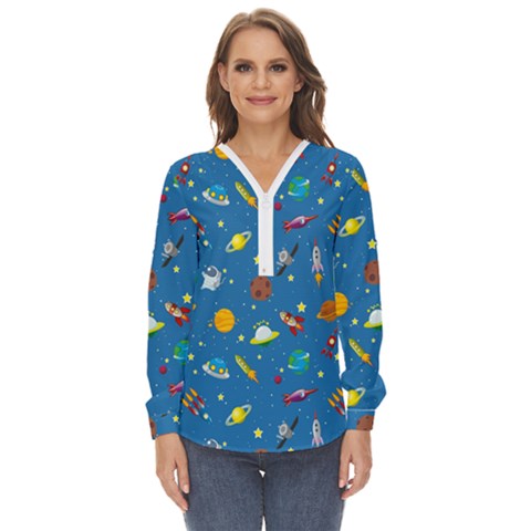 Space Rocket Solar System Pattern Zip Up Long Sleeve Blouse by Bangk1t