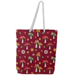 Woodland Mushroom And Daisy Seamless Pattern On Red Backgrounds Full Print Rope Handle Tote (large) by Amaryn4rt