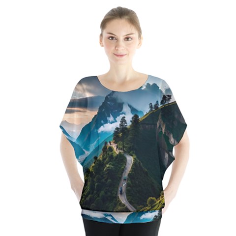 Nature Mountain Valley Batwing Chiffon Blouse by Ravend