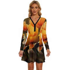 Yellow Butterfly Flower Long Sleeve Deep V Mini Dress  by artworkshop