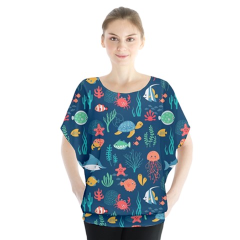 Variety Of Fish Illustration Turtle Jellyfish Art Texture Batwing Chiffon Blouse by Grandong