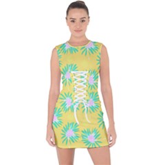 Mazipoodles Bold Daises Yellow Lace Up Front Bodycon Dress by Mazipoodles