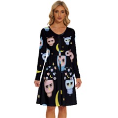 Cute-owl-doodles-with-moon-star-seamless-pattern Long Sleeve Dress With Pocket by pakminggu