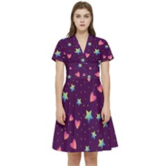 Colorful-stars-hearts-seamless-vector-pattern Short Sleeve Waist Detail Dress by pakminggu