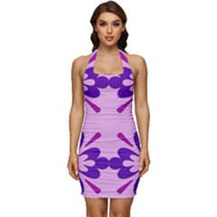 Pink And Purple Flowers Pattern Sleeveless Wide Square Neckline Ruched Bodycon Dress by shoopshirt