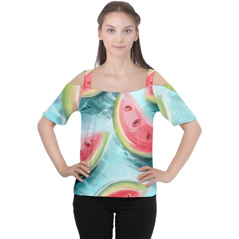 Watermelon Fruit Juicy Summer Heat Cutout Shoulder T-shirt by uniart180623