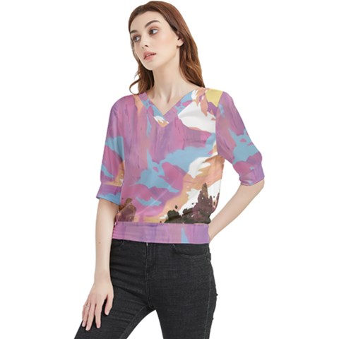 Pink Mountains Grand Canyon Psychedelic Mountain Quarter Sleeve Blouse by uniart180623