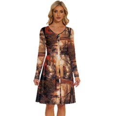 Trees Sunset Mist Long Sleeve Dress With Pocket by pakminggu