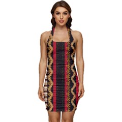 Textile Pattern Abstract Fabric Sleeveless Wide Square Neckline Ruched Bodycon Dress by pakminggu