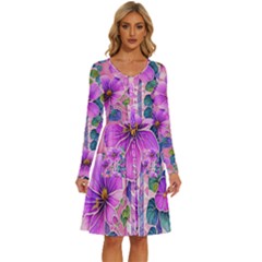 Flowers Leaves Long Sleeve Dress With Pocket by pakminggu