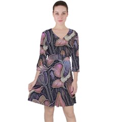 Flowers Iris Plant Quarter Sleeve Ruffle Waist Dress by pakminggu