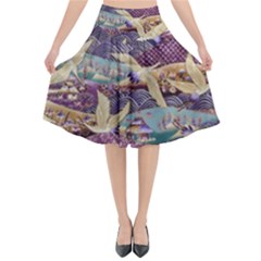 Textile-fabric-cloth-pattern Flared Midi Skirt by Bedest