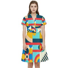 Geometric Shape Colorful Abstract Wave Short Sleeve Waist Detail Dress by Cowasu