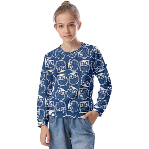 Cute Seamless Owl Background Pattern Kids  Long Sleeve T-shirt With Frill  by Bedest