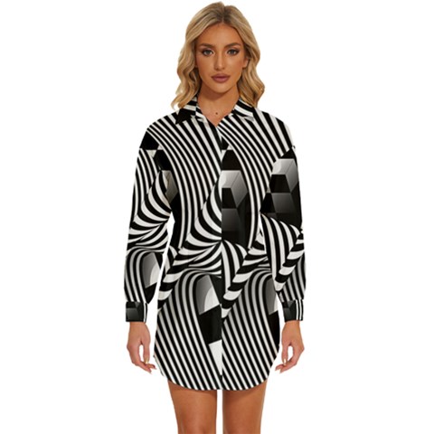 Op-art-black-white-drawing Womens Long Sleeve Shirt Dress by Bedest