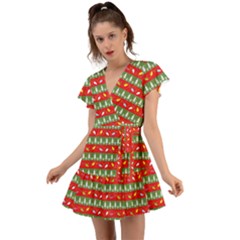 Christmas-papers-red-and-green Flutter Sleeve Wrap Dress by Bedest