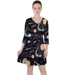 Cat And Dog Space Pattern Quarter Sleeve Ruffle Waist Dress by pakminggu