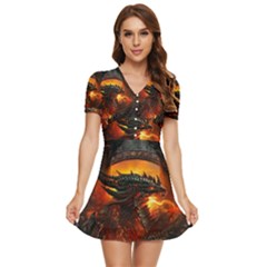 Dragon Fire Fantasy Art V-neck High Waist Chiffon Mini Dress by Cowasu