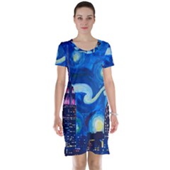 Starry Night In New York Van Gogh Manhattan Chrysler Building And Empire State Building Short Sleeve Nightdress by Sarkoni