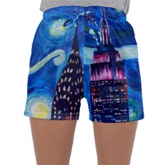 Starry Night In New York Van Gogh Manhattan Chrysler Building And Empire State Building Sleepwear Shorts by Sarkoni