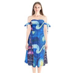 Starry Night In New York Van Gogh Manhattan Chrysler Building And Empire State Building Shoulder Tie Bardot Midi Dress by Sarkoni