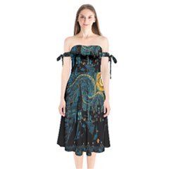 Castle Starry Night Van Gogh Parody Shoulder Tie Bardot Midi Dress by Sarkoni