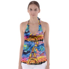 Eiffel Tower Starry Night Print Van Gogh Tie Back Tankini Top by Sarkoni