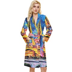 Eiffel Tower Starry Night Print Van Gogh Long Sleeve Velvet Robe by Sarkoni