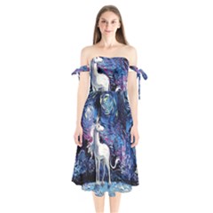 Unicorn Starry Night Print Van Gogh Shoulder Tie Bardot Midi Dress by Sarkoni