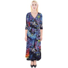 Castle Starry Night Print Van Gogh Parody Quarter Sleeve Wrap Maxi Dress by Sarkoni