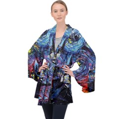 Castle Starry Night Print Van Gogh Parody Long Sleeve Velvet Kimono  by Sarkoni